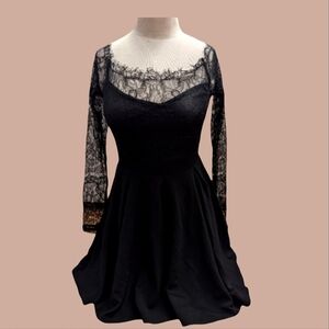 A-line Black Lace detailed Dress w/built in shorts